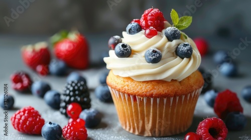 Decorated cupcake with berries photo