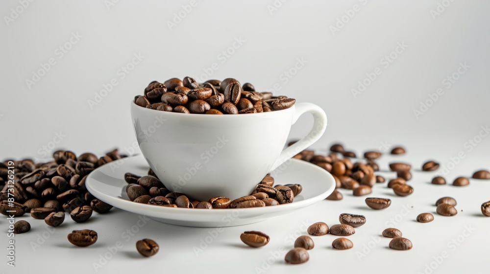 Coffee cup with roasted beans on white table Coffee cup with roasted beans on white table
