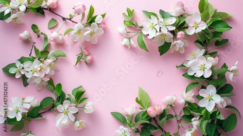 Apple tree blossoms on soft pink backdrop Spring theme Flat lay with room for text © AkuAku