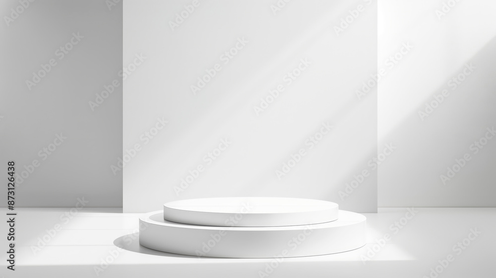 White empty circle podium in white empty studio room with sunlight beams White empty circle podium in white empty studio room with sunlight beams
