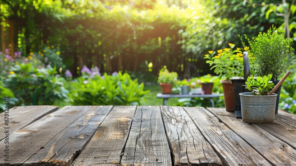 Gardening tools on outdoor wooden table with text space Gardening tools on outdoor wooden table with text space