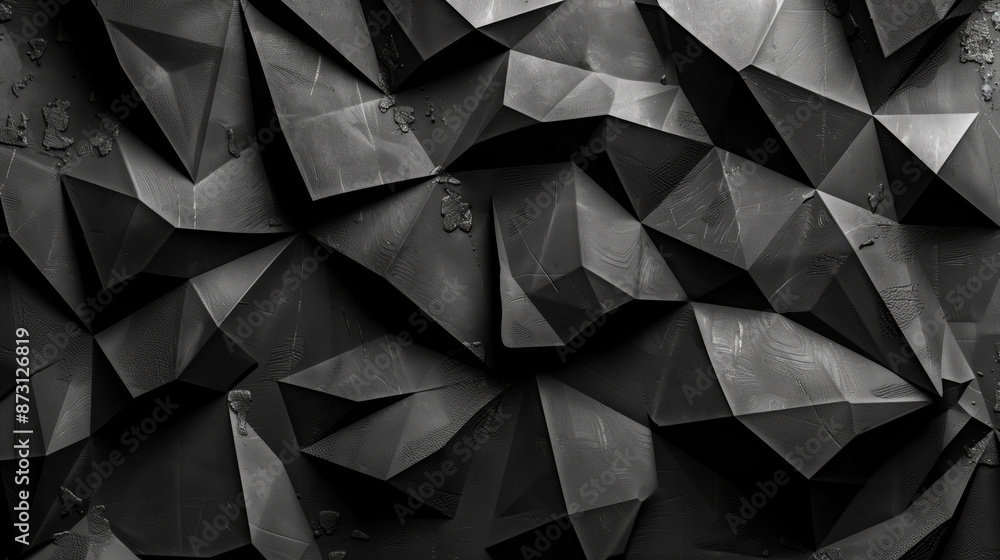 Fototapeta premium Black abstract geometrical forms textured background, dark black geometric pattern with light and shadows. Minimalistic black background pyramids and triangular form