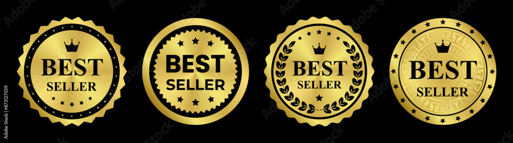 Fototapeta premium Set of gold stickers, template, label. Round shiny smooth metal emblem Best Seller. Award, medal with crown, laurel branch, wreath. Isolated on black background EPS10 Vector illustration