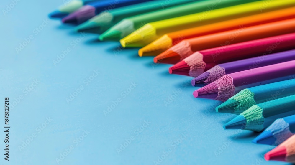 School theme colorful crayons on blue backdrop with empty space School theme colorful crayons on blue backdrop with empty space