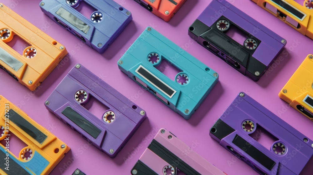 Retro cassette tapes on a purple table from top view in the 80s Retro cassette tapes on a purple table from top view in the 80s