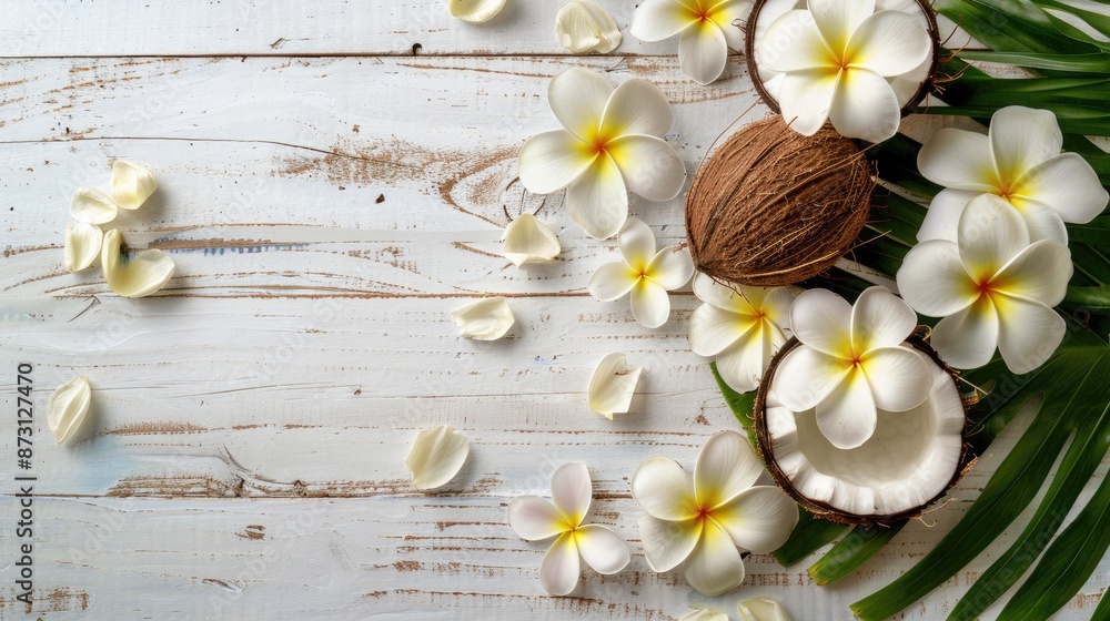 Coconut halves and plumeria on white wood backdrop Room for text Coconut halves and plumeria on white wood backdrop Room for text