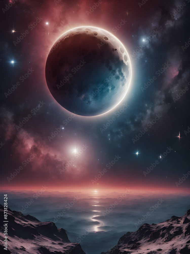 Representation of the full moon on a background of nebulae and stars. Digital illustration. 3D Rendering Representation of the full moon on a background of nebulae and stars. Digital illustration. 3D Rendering