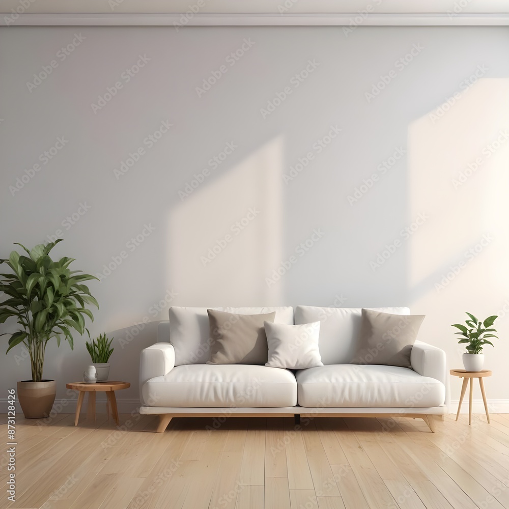Fototapeta premium Cozy comfort Natural contemporary living room mockup template room ideas sofa with blank space wall backdrop cozy interior decorating house beautiful background. Generative AI