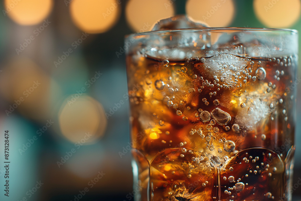 Close up of the ice cubes in cola glass, Cola soda and ice splashing fizzing or floating up to top of surface. Close up of the ice cubes in cola glass, Cola soda and ice splashing fizzing or floating up to top of surface.