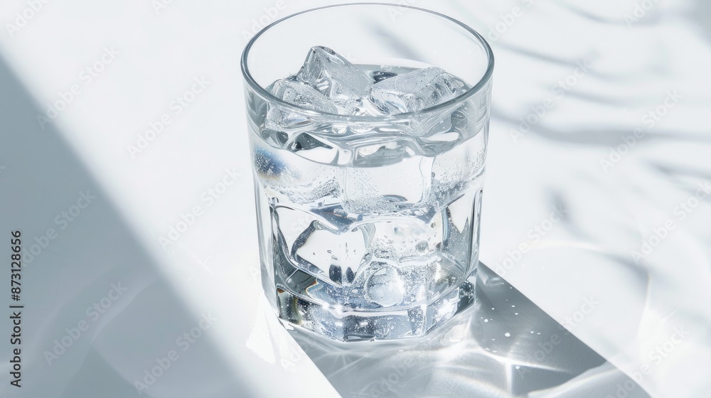 Glass of water with ice cubes on white backdrop Glass of water with ice cubes on white backdrop