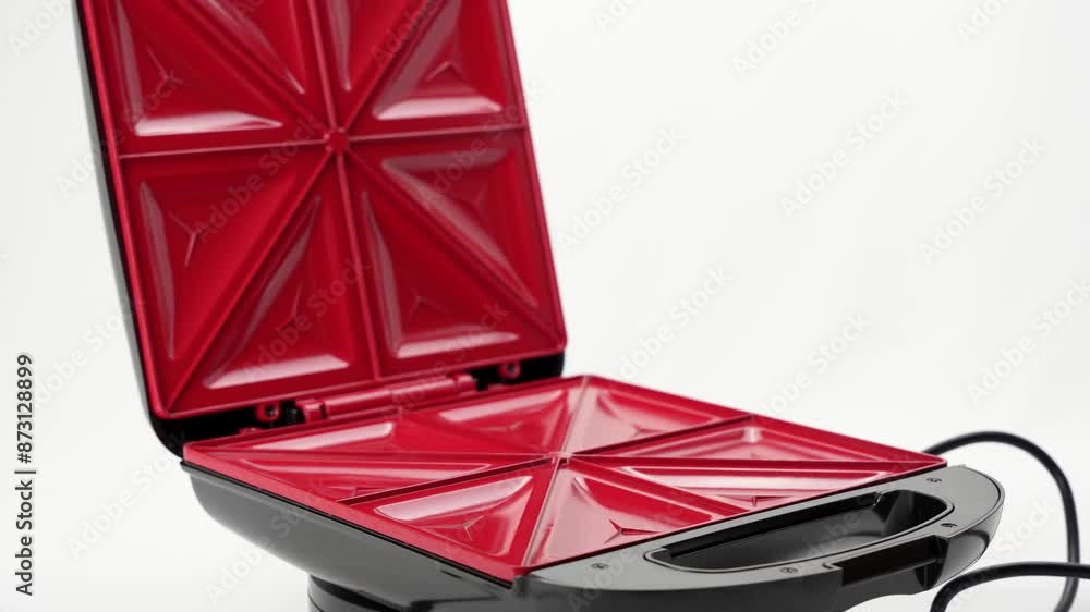 A red and black toaster oven is opened and empty. The red color of the toaster oven is eye-catching and the black color gives it a sleek and modern look A red and black toaster oven is opened and empty. The red color of the toaster oven is eye-catching and the black color gives it a sleek and modern look