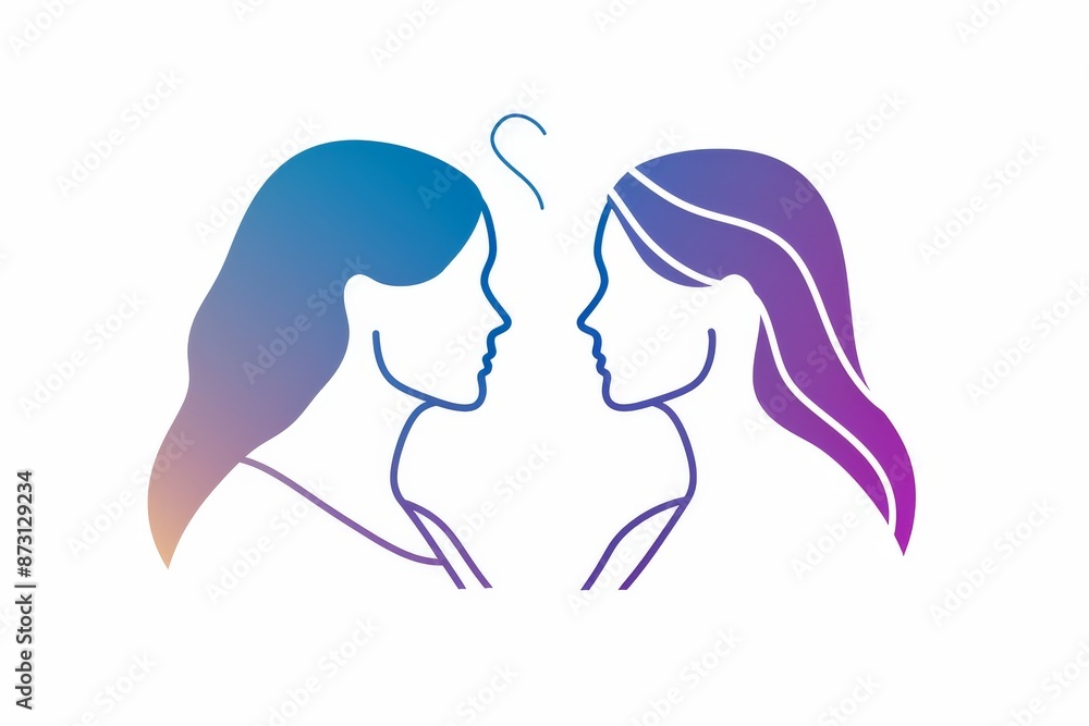 Minimalist illustration of two profiles in blue and purple hues, symbolizing connection and duality with clean, elegant lines in a modern, abstract style. Minimalist illustration of two profiles in blue and purple hues, symbolizing connection and duality with clean, elegant lines in a modern, abstract style.