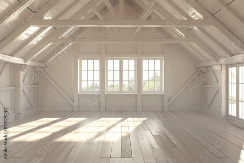Wooden attic with window and parquet floor.