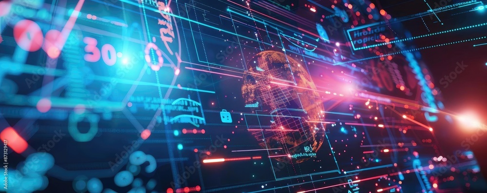Futuristic digital network with holographic globe and data visualization elements, showcasing advanced technology and innovation. Futuristic digital network with holographic globe and data visualization elements, showcasing advanced technology and innovation.