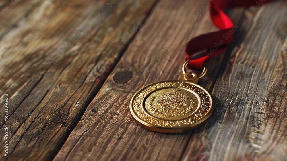 Close-up of a gold medal on a wooden surface with a red ribbon attached, symbolizing achievement and victory in competition or sports. Close-up of a gold medal on a wooden surface with a red ribbon attached, symbolizing achievement and victory in competition or sports.