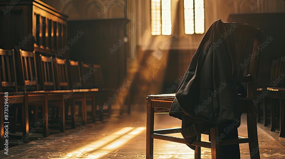 Empty chair in a dimly lit room with sunlight streaming through windows, casting warm, peaceful ambience and shadows. Empty chair in a dimly lit room with sunlight streaming through windows, casting warm, peaceful ambience and shadows.