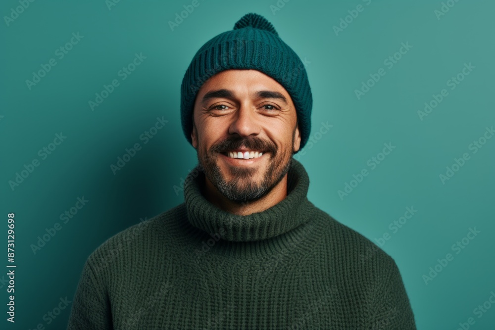 Portrait of a glad man in his 30s donning a warm wool beanie isolated on pastel teal background Portrait of a glad man in his 30s donning a warm wool beanie isolated on pastel teal background
