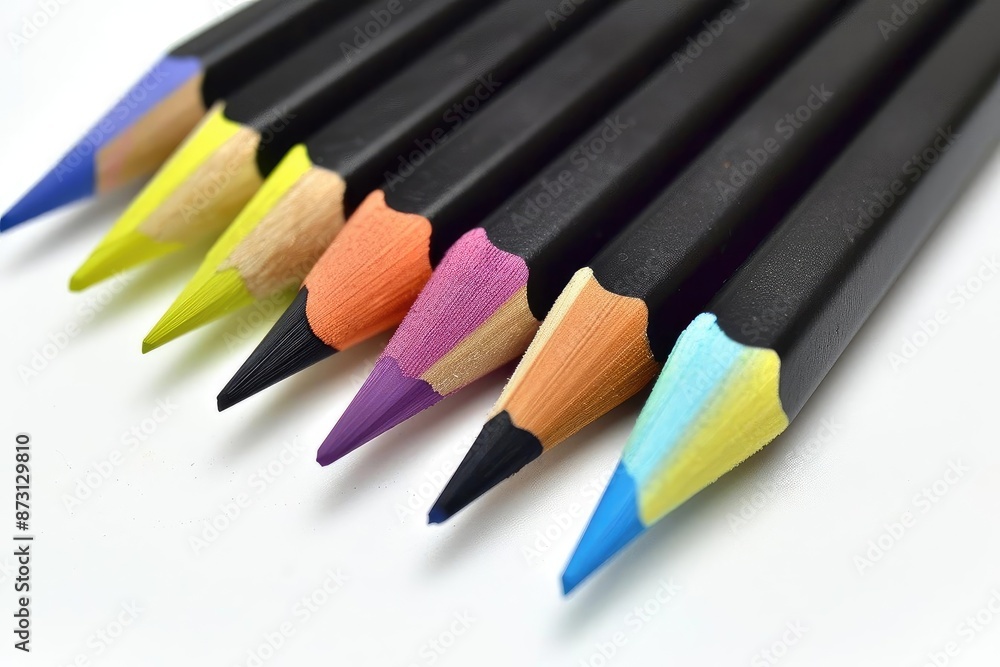 Naklejka premium Close-up of vibrant colored pencils in a row, showcasing a variety of colors with black bodies, ideal for art and design projects.