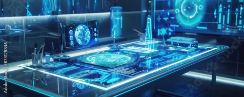 Futuristic hi-tech control room with holographic displays and advanced technology, showcasing a digital interface for scientific or research purposes.