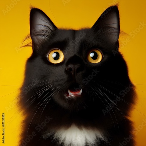 Surprised Cat with Yellow Background, Portrait of a black cat on a yellow background.