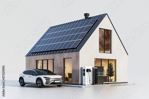 House with solar panels on the roof and an electric car.