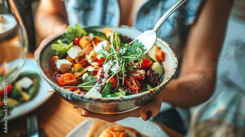 Person enjoying a colorful salad with a variety of textures and flavors, healthy eating, satisfying meal