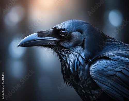 A detailed shot capturing a black bird raven , like a fish crow or raven, perched on a branch with a lengthy beak. The scene features feathers, wings, and an overall dark ambiance photo