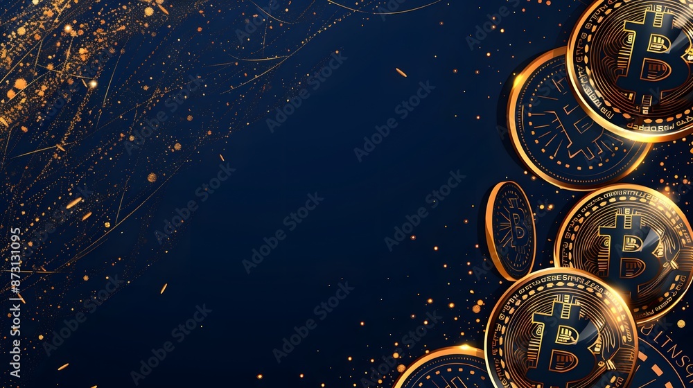 golden bitcoin on dark blue background golden bitcoin on dark blue background