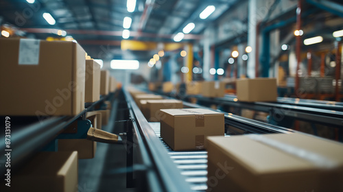 Line of cardboard boxes on a conveyor belt in a warehouse for package docking