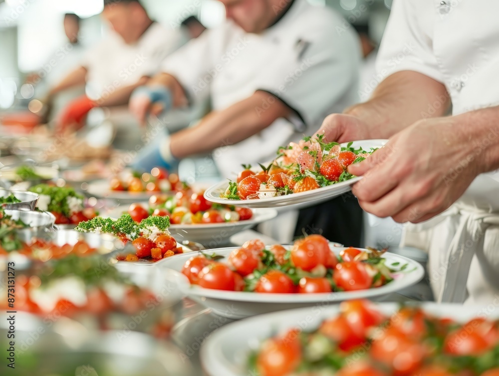 Obraz premium Culinary Diversity: Chefs Creating Appetizers, Entrees, and Desserts in a Bustling Restaurant Kitchen