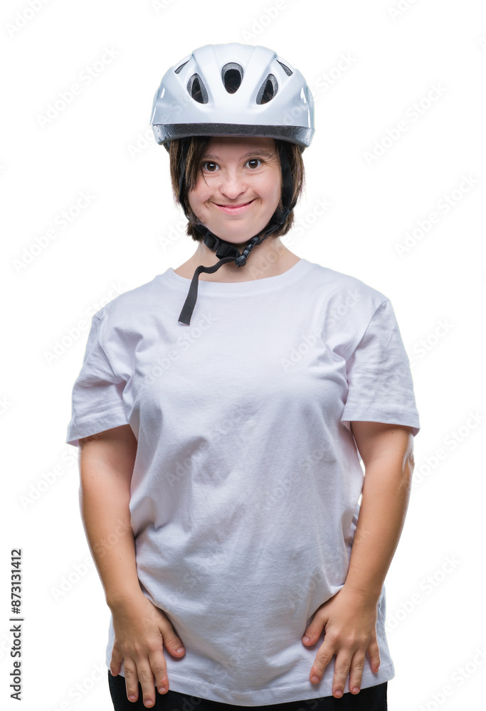 Young adult cyclist woman with down syndrome wearing safety helmet over isolated background with a happy and cool smile on face. Lucky person. Young adult cyclist woman with down syndrome wearing safety helmet over isolated background with a happy and cool smile on face. Lucky person.