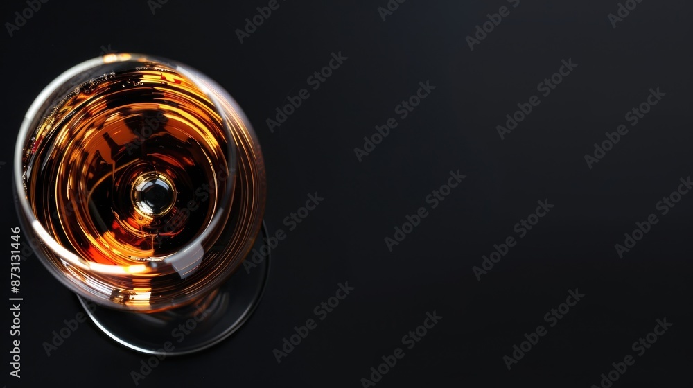 Top down view of brandy glass on black background with room for text Top down view of brandy glass on black background with room for text