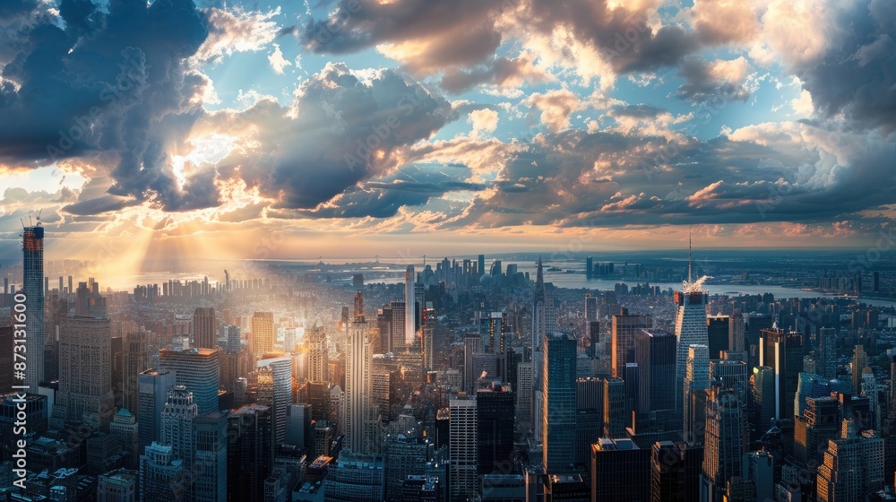 A bustling city skyline under a cloudy afternoon sky, with patches of sunlight breaking through the clouds. A bustling city skyline under a cloudy afternoon sky, with patches of sunlight breaking through the clouds.