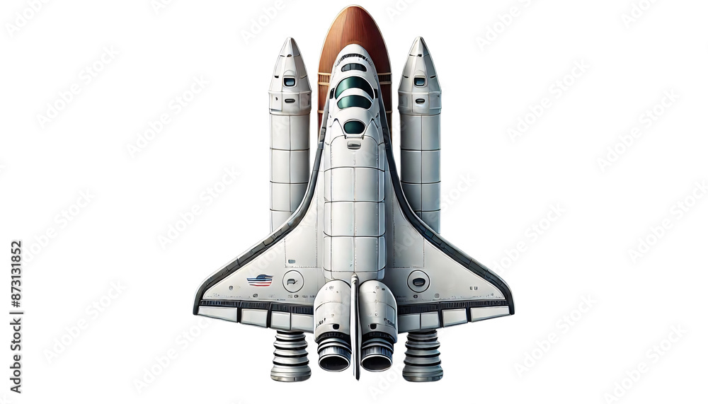 Cartoon-style space shuttle with an orange external tank and two solid rocket boosters. It has detailed markings and a transparent background Cartoon-style space shuttle with an orange external tank and two solid rocket boosters. It has detailed markings and a transparent background