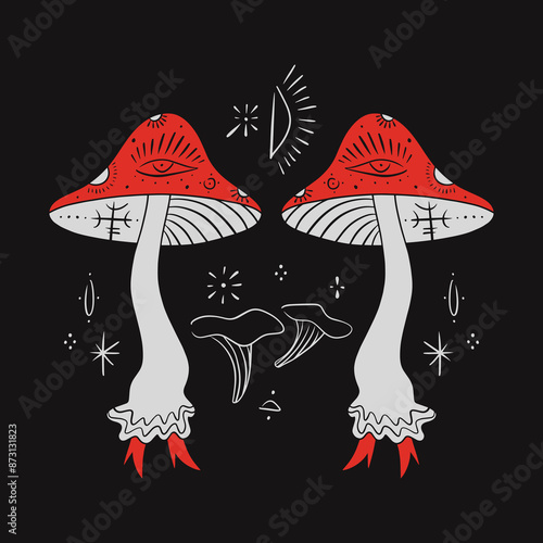 Boho Mushrooms Set Cartoon Magical Poisonous Fantasy Toadstool Mushroom Occult Magic Object Cartoon Style Vector On Dark Background Clip Art Illustration