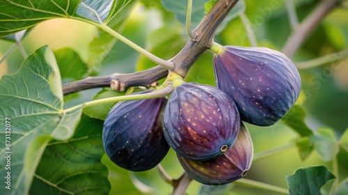 Figs on a fig tree branch with leaves