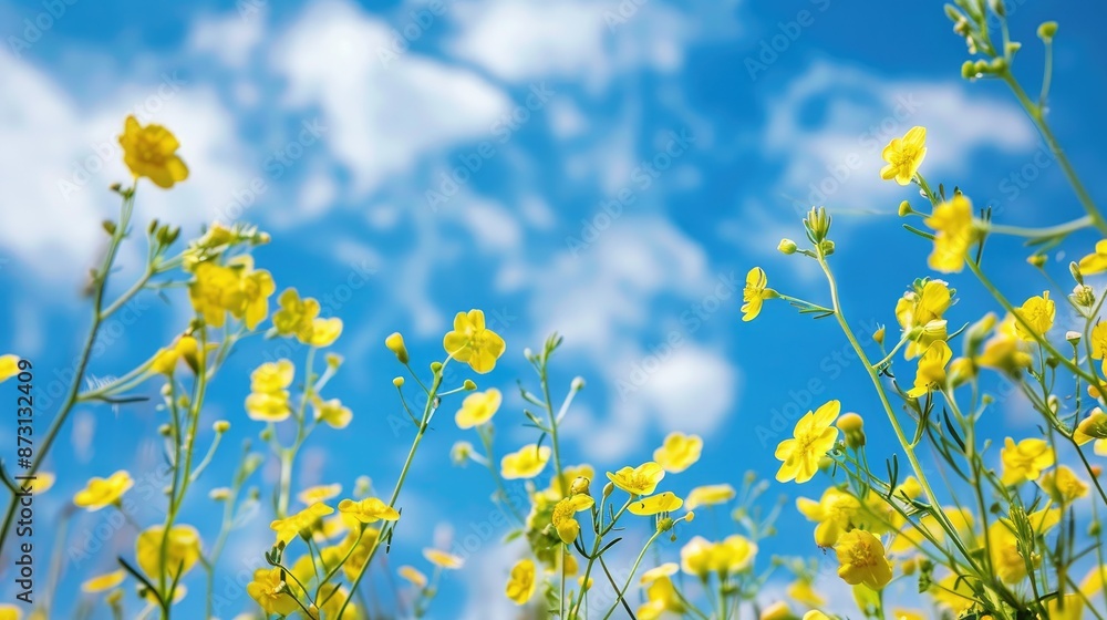 Obraz premium Yellow wildflowers and blue sky viewed from a low angle with shallow depth of field