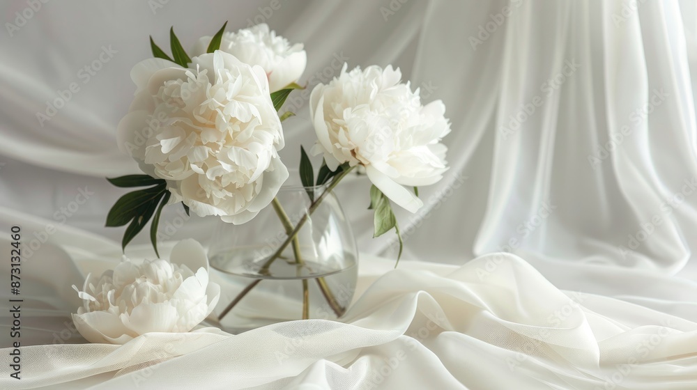White peonies in vase on white fabric backdrop for wedding card White peonies in vase on white fabric backdrop for wedding card