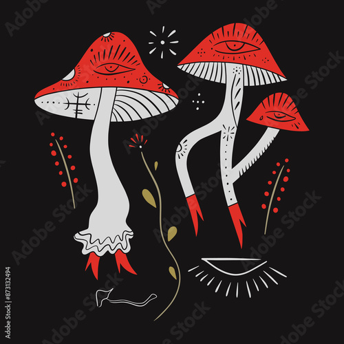 Boho Mushrooms Set Cartoon Magical Poisonous Fantasy Toadstool Mushroom Occult Magic Object Cartoon Style Vector On Dark Background Clip Art Illustration
