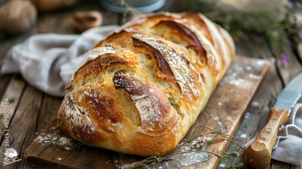 Freshly Baked Loaf of Bread on Wooden Cutting Board Freshly Baked Loaf of Bread on Wooden Cutting Board