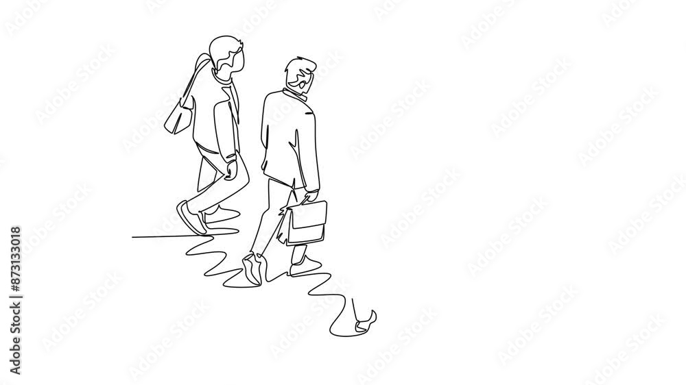 Self drawing animation of single line draw top view of success male employees walking together rushed so as not to be late for work. Urban commuter workers. Continuous line draw. Full length animated Self drawing animation of single line draw top view of success male employees walking together rushed so as not to be late for work. Urban commuter workers. Continuous line draw. Full length animated