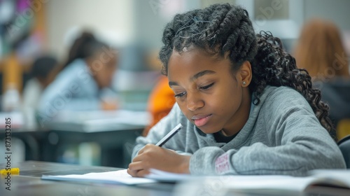 A young girl is writing in a school setting