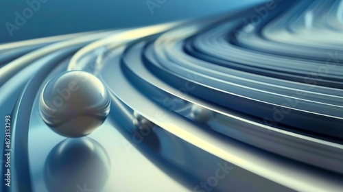 A ball rolling along a curving track showing the angular momentum created by the objects circular motion.