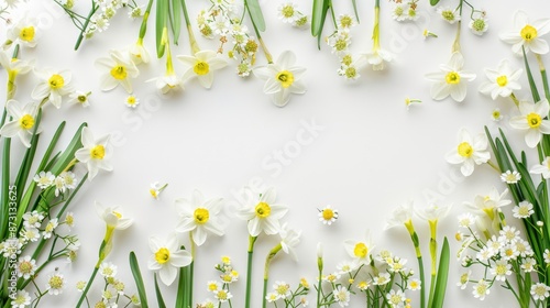 Fresh narcissus and shepherd s purse floral border on white background Top down view photo