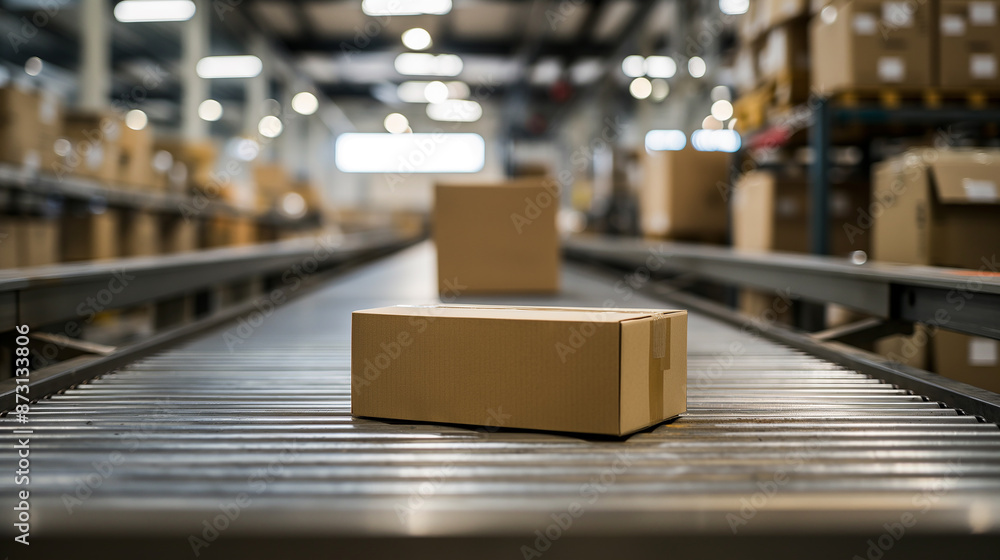 Boxes on a conveyor belt in a warehouse