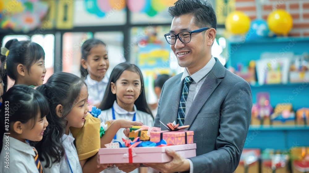 A man in a suit is holding a pink box and smiling at a group of children A man in a suit is holding a pink box and smiling at a group of children