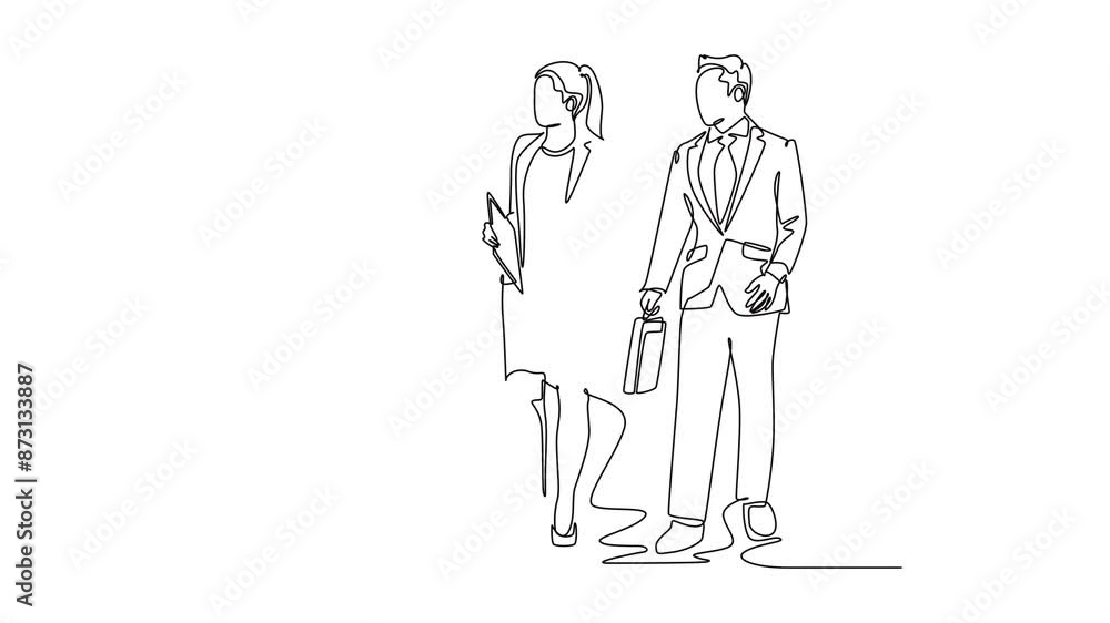 Animated self drawing of continuous line draw young success male and female managers talking and walking together on office parking area. Urban commuter workers concept. Full length one line animation Animated self drawing of continuous line draw young success male and female managers talking and walking together on office parking area. Urban commuter workers concept. Full length one line animation