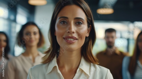 A confident businesswoman standing with her team in the background, smiling and projecting leadership and confidence in a modern office setting, GenerateAi photo