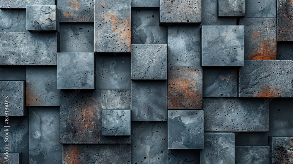 A textured wall featuring an array of square, metallic panels with varying shades of gray and hints of rust, creating a modern and industrial aesthetic. A textured wall featuring an array of square, metallic panels with varying shades of gray and hints of rust, creating a modern and industrial aesthetic.