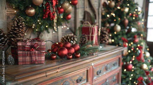 Christmas decor on antique dresser with handcrafted gifts and tree in the background